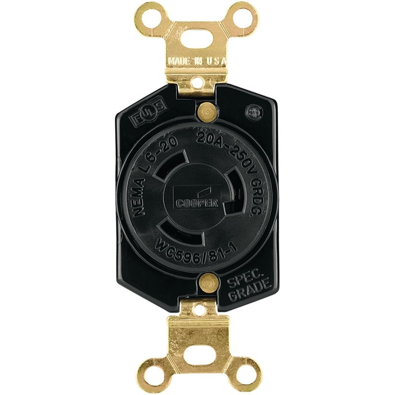 Eaton Wiring Devices L620R Single Receptacle, 2 -Pole, 250 V, 20 A, Back and Side Wiring, NEMA: NEMA L6-20, Black