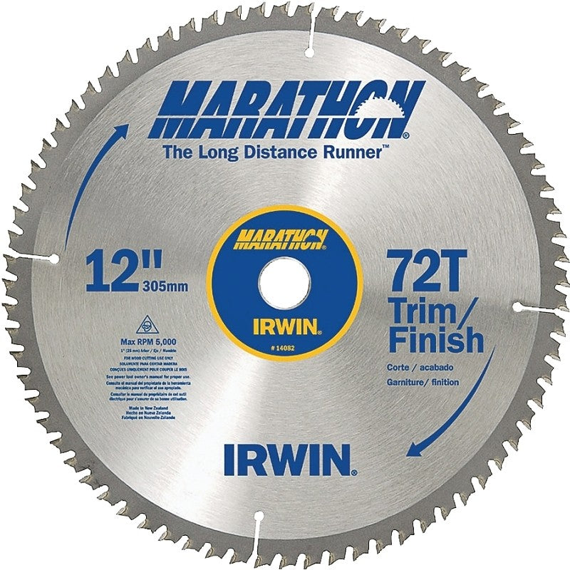 Irwin Marathon 14082 Table Saw Blade, 12 in Dia, 1 in Arbor, 72-Teeth, Carbide Cutting Edge