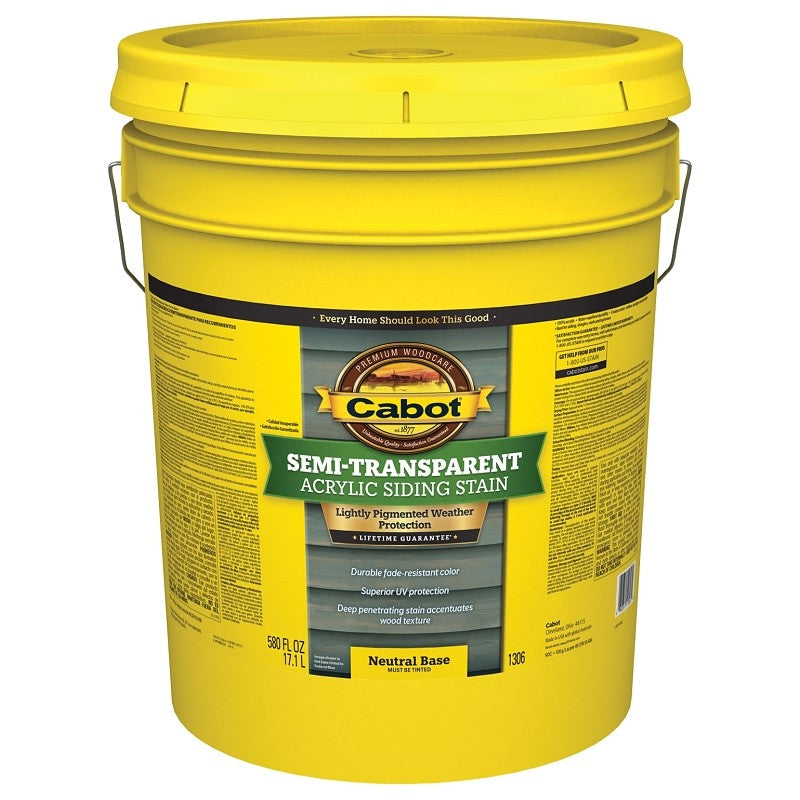 Cabot 1300 Series 140.0001306.008 Exterior Stain, Semi-Transparent, Neutral Base, Liquid, 5 gal, Pail