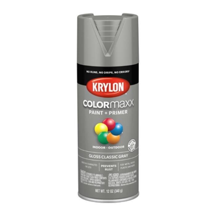 Krylon K05513007 Enamel Spray Paint, 12 oz Can, 25 sq-ft Coverage Area, Solvent Base, Gloss, Classic Gray