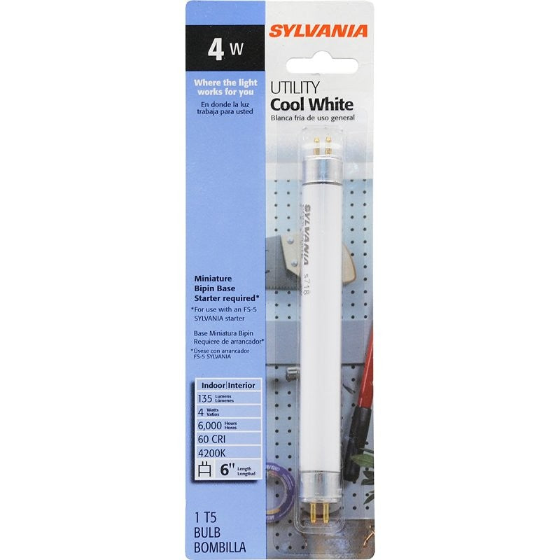 Sylvania 20415 Fluorescent Bulb, 4 W, T5 Lamp, Miniature G5 Lamp Base, 140 Initial Lumens, 4200 K Color Temp
