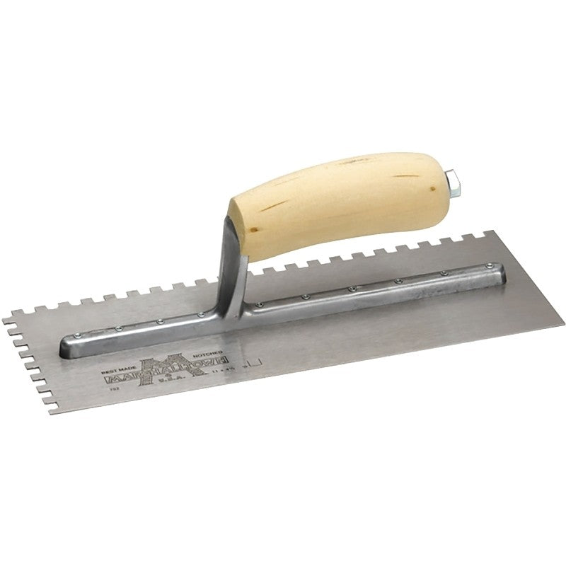 Marshalltown 703S Trowel, 3/16 in W x 1/8 in D Notch, 11 in L, 4-1/2 in W, Square Notch, Curved Handle