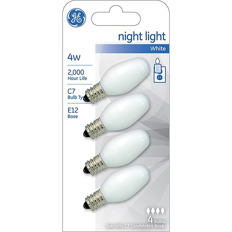 GE 20573 Night Light Bulb, 4 W, E12 Candelabra Lamp Base, C7 Lamp, White Light, 14 Lumens, 2000 hr Average Life (Pack of 6)