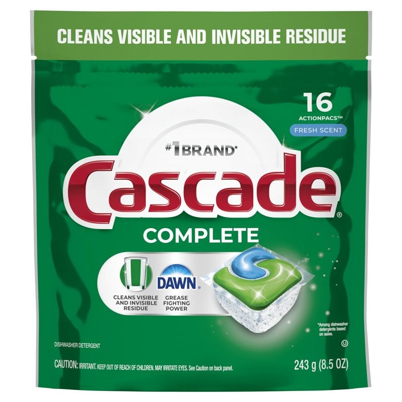 Cascade Complete ActionPacs 80797045 Dishwasher Detergent, 8.5 oz Bag, Solid, Fresh