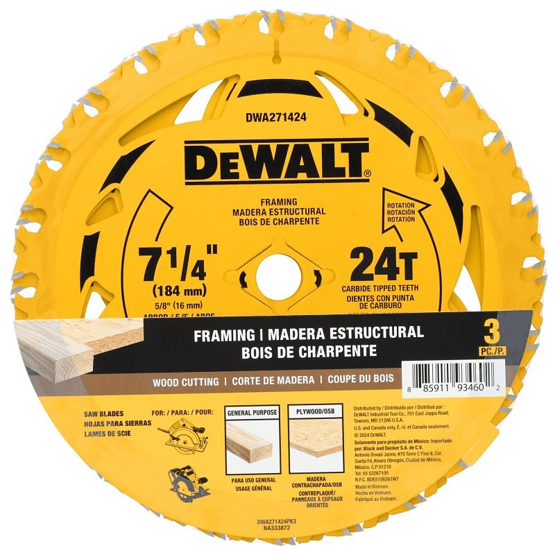 DEWALT DWA271424PK3 Circular Saw Blade, 7-1/4 in Dia, 5/8 in Arbor, 24-Teeth, Carbide Cutting Edge