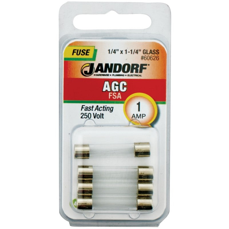 Jandorf 60626 Series Fast Acting Fuse, 0.19 Ohm, 1 A, 250 V, 35 A, 10 kA Interrupt, Glass Body