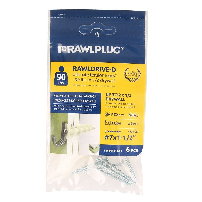 Rawlplug Rawl Rawldrive Series R-S0-DRA-01D+7-1 Wall Anchor, 13 mm Thread, 1-1/4 in L, Nylon, 90 lb (Pack of 8)