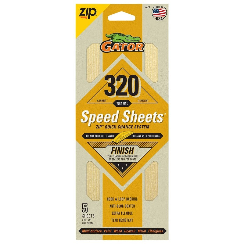 Gator 7478 Hook and Loop Sandpaper, 9 in L, 3-2/3 in W, 320 Grit, Aluminum Oxide Abrasive, Latex/Paper Backing
