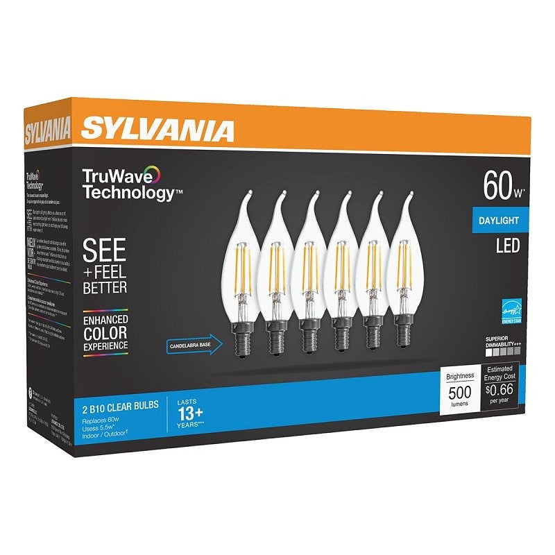 Sylvania Natural 41322 LED Bulb, B10 Lamp, 60 W Equivalent, E12 Candelabra Lamp Base, Dimmable, Clear