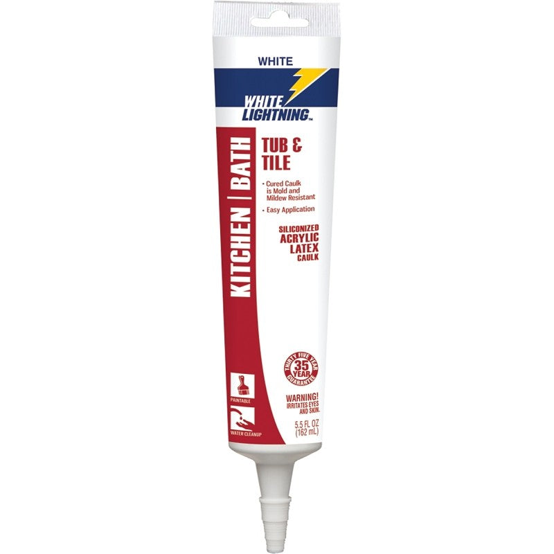White Lightning W22000005 Latex Caulk, White, 3 to 4 days Curing, -30 to 180 deg F, 5.5 oz, Squeeze Tube