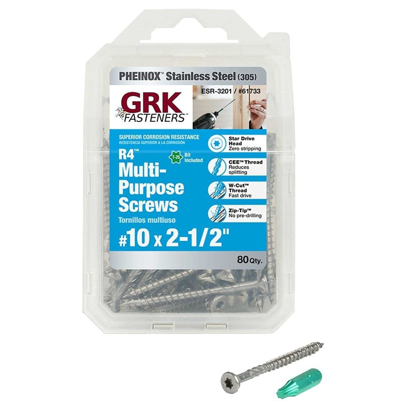 GRK Fasteners 61733 Framing and Decking Screw, #10 Thread, 2-1/2 in L, W-Cut Thread, Flat Head, Star Drive, 80 PK