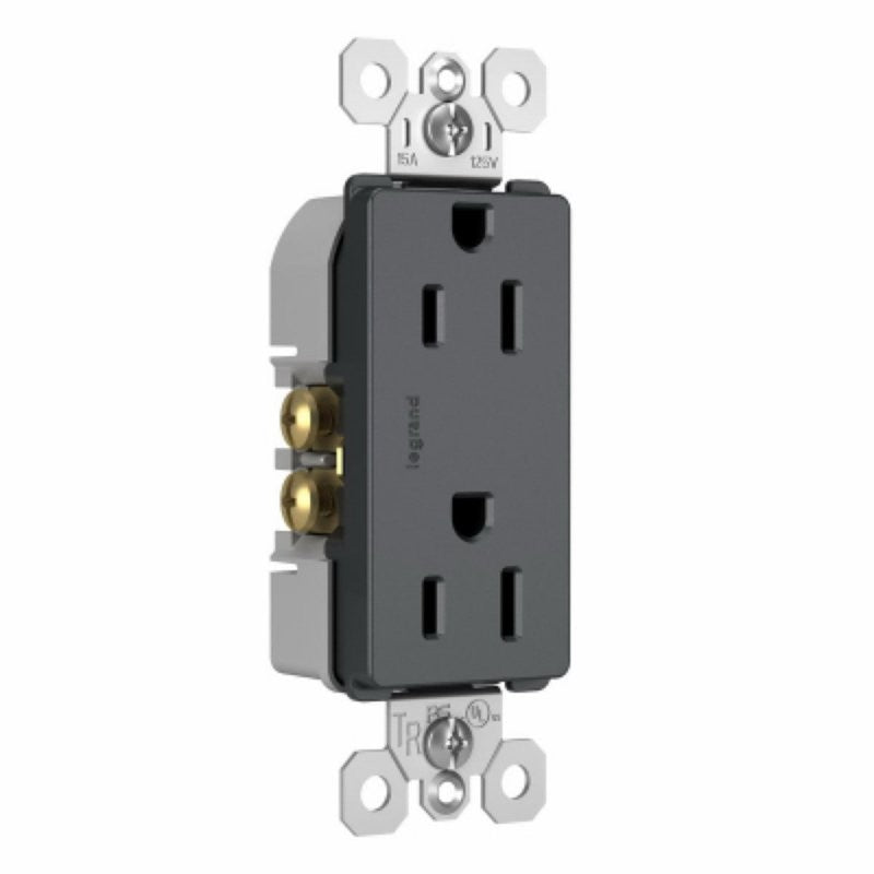Legrand radiant 885TRGCC12 Duplex Outlet, 2 -Pole, 15 A, 125 V, Back, Side Wiring, NEMA: 5-15R, Graphite