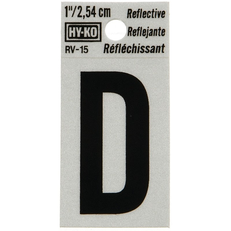 Hy-Ko RV-15/D Reflective Letter, Character: D, 1 in H Character, Black Character, Silver Background, Vinyl (Pack of 10)