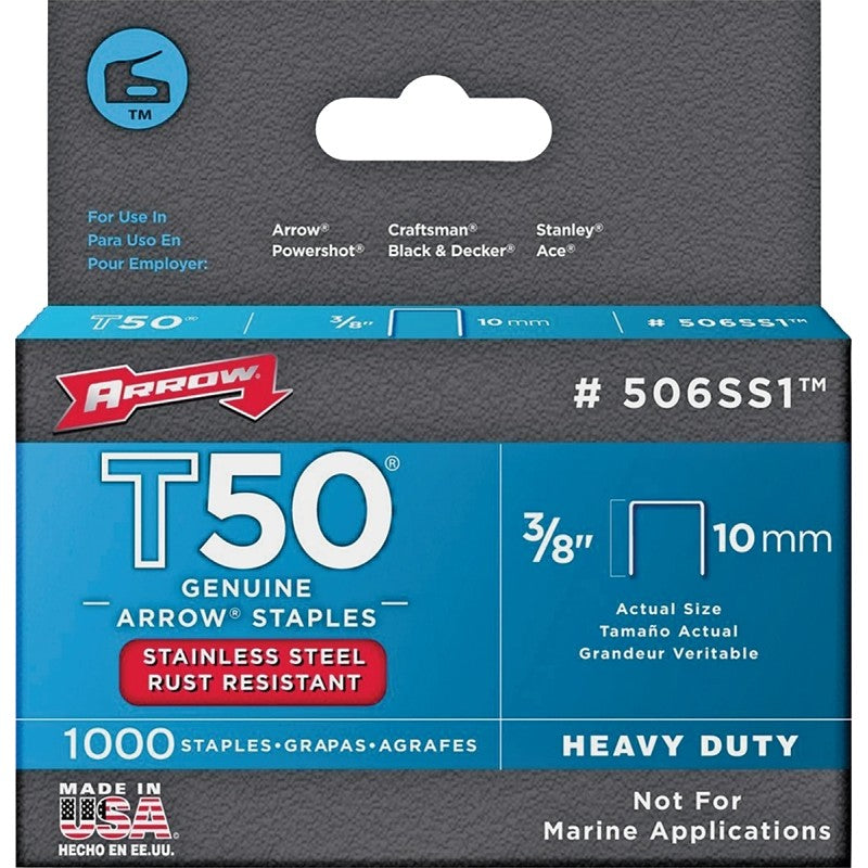 Arrow T50 Series 506SS1 Staple, For: HT 50A, T50, T5 Stapler, 3/8 in W Crown, 3/8 in L Leg (Pack of 5)