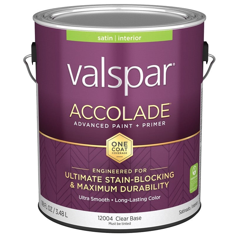 Valspar Accolade 1200 028.0012004.007 Latex Paint, Acrylic Base, Satin, Clear Base, 1 gal, Plastic Can (Pack of 4)