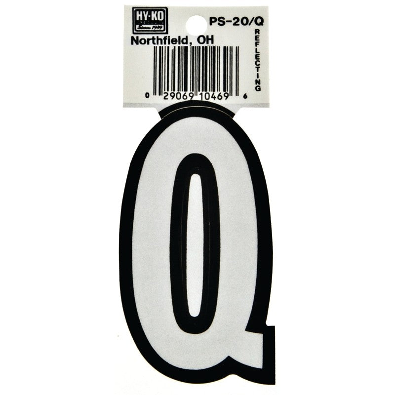Hy-Ko PS-20/Q Reflective Letter, Character: Q, 3-1/4 in H Character, Black/White Character, Vinyl (Pack of 10)