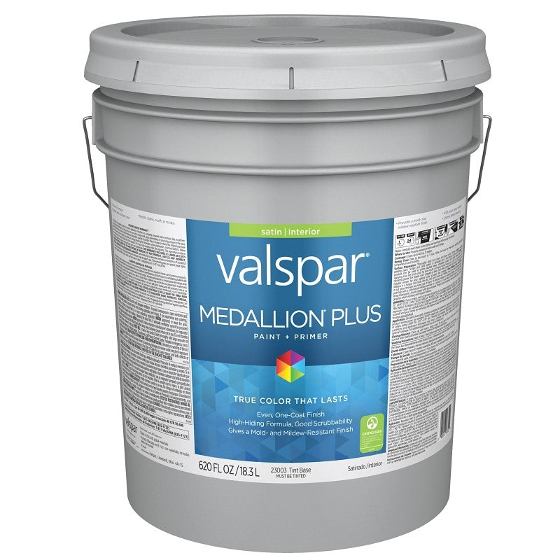 Valspar Medallion Plus 2300 028.0023003.008 Latex Paint, Acrylic Base, Satin Sheen, Tint Base, 5 gal, Plastic Pail