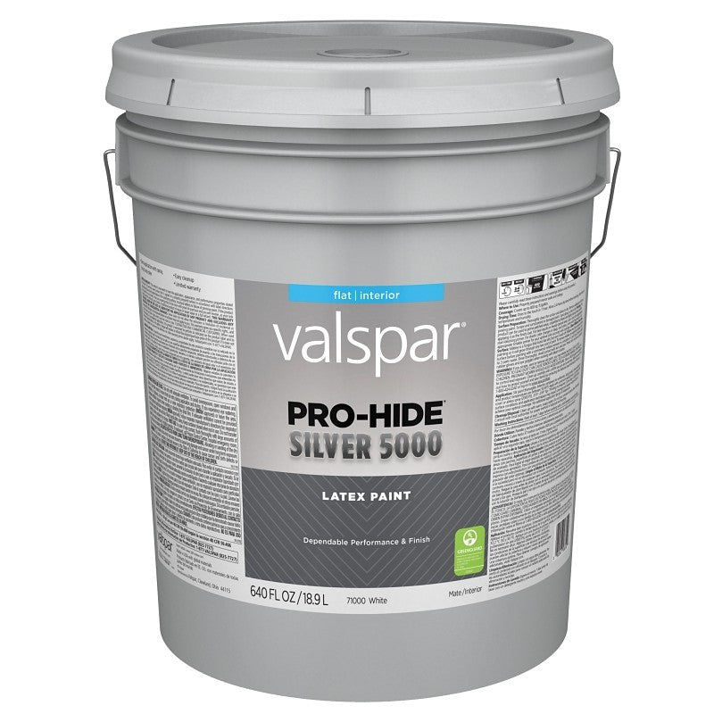Valspar Pro-Hide Silver 5000 7100 028.0071000.008 Latex Paint, Water Base, Flat Sheen, White Base, 5 gal