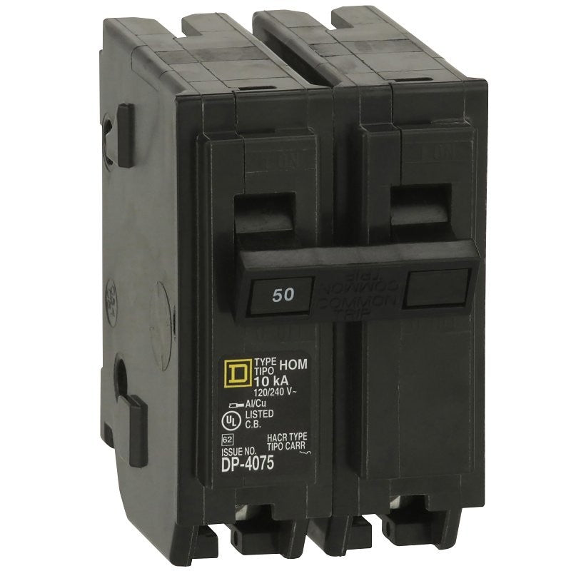 Square D Homeline HOM250CP Circuit Breaker, Mini, 50 A, 2 -Pole, 120/240 V, Fixed Trip, Plug Mounting, Black