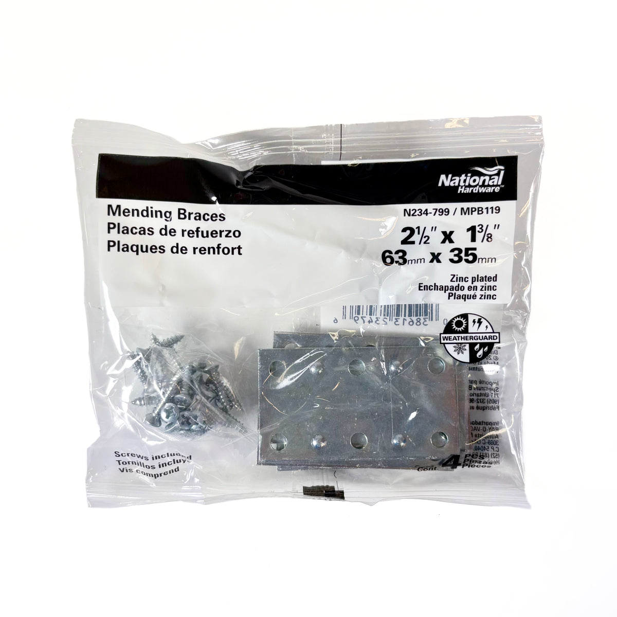 Wide Mending Plate Brace 2-1/2 By 1-3/8 By 0.07 Inch Zinc Plated Steel 4 Pack