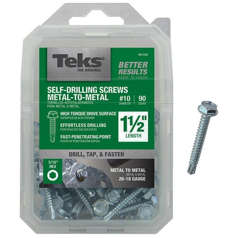 Teks 21332 Screw, #10 Thread, 1-1/2 in L, Coarse Thread, Hex Drive, Self-Drilling, Self-Tapping Point, Steel, Zinc