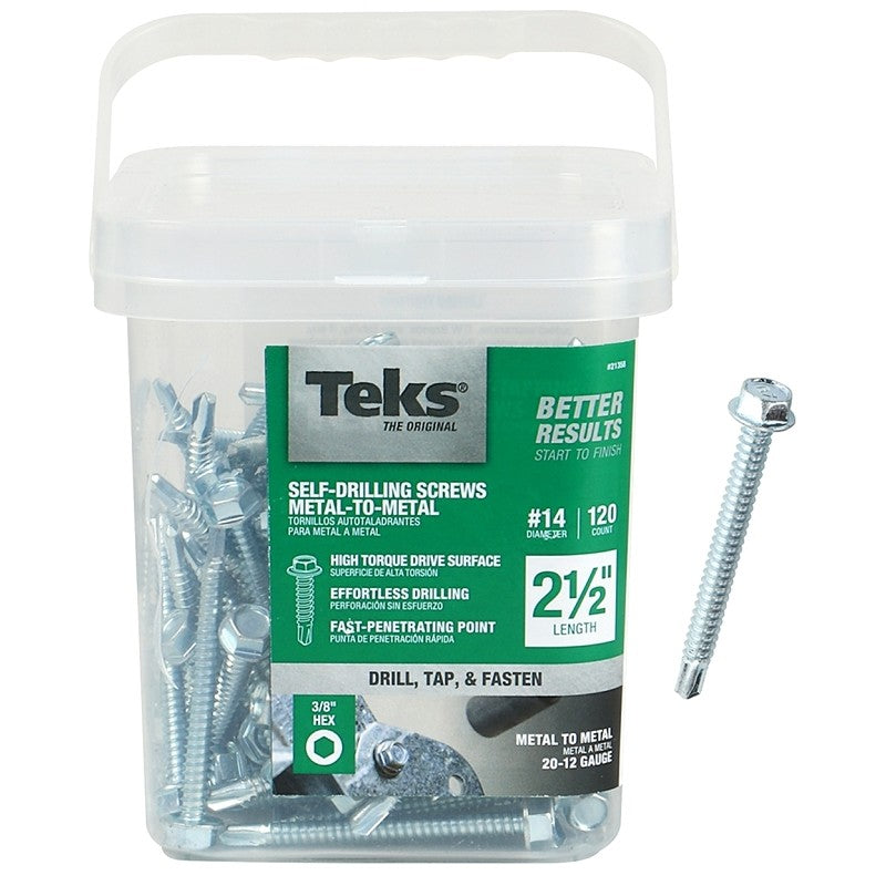 Teks 21358 Screw, #14 Thread, 2-1/2 in L, Hex Drive, Self-Drilling, Self-Tapping Point, Steel, Zinc