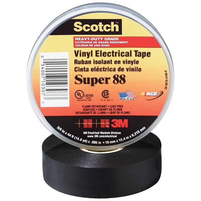 Scotch 88 Electrical Tape, 66 ft L, 3/4 in W, PVC Backing, Black, 73 deg F