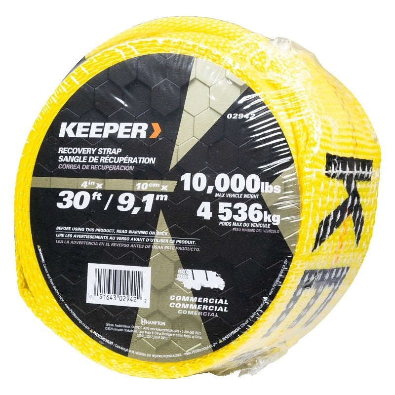 Keeper 02942 Recovery Strap with Ware Guard, 20,000 lb, 4 in W, 30 ft L, Hook End, Yellow