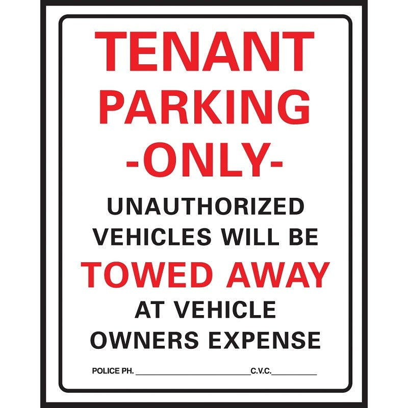 Hy-Ko 701 Parking Sign, 15 x 19 in Dimensions, Rectangular, Black/Red Legend, White Background, Plastic, 1/PK