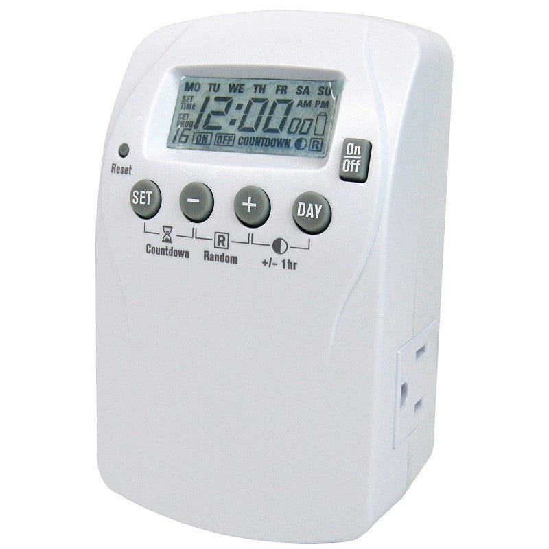 PowerZone TNDHD002 Timer, 15 A, 125 V, 1875 W, 2-Outlet, 7 days Time Setting, 16 On/Off Cycles Per Day Cycle