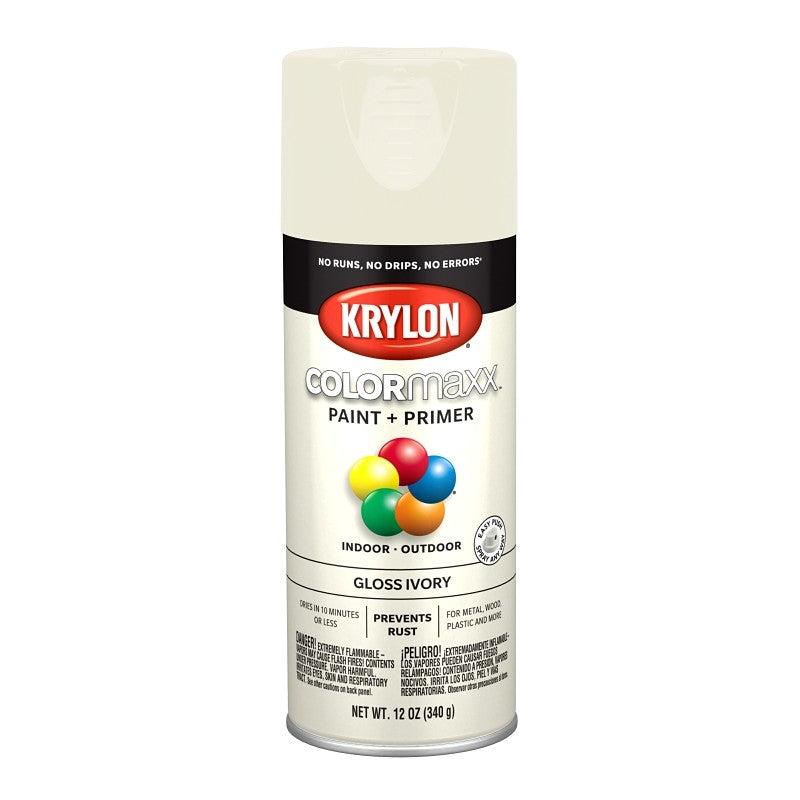 Krylon K05524007 Enamel Spray Paint, 12 oz Can, 25 sq-ft Coverage Area, Solvent Base, Gloss, Ivory