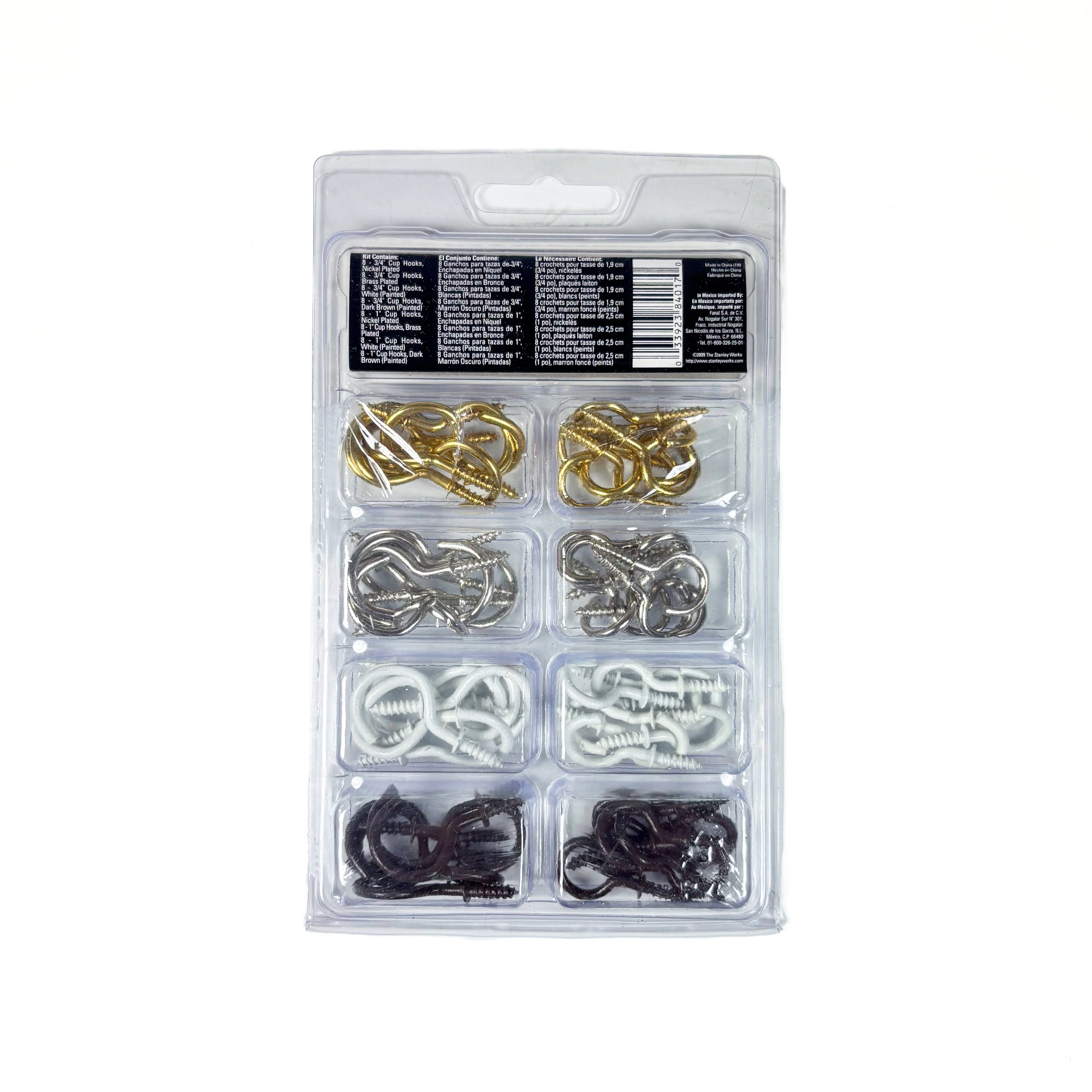 Cup Hook Assortment 3/4 And 1 Inch Brass Nickel White & Brown 64 Pieces Total