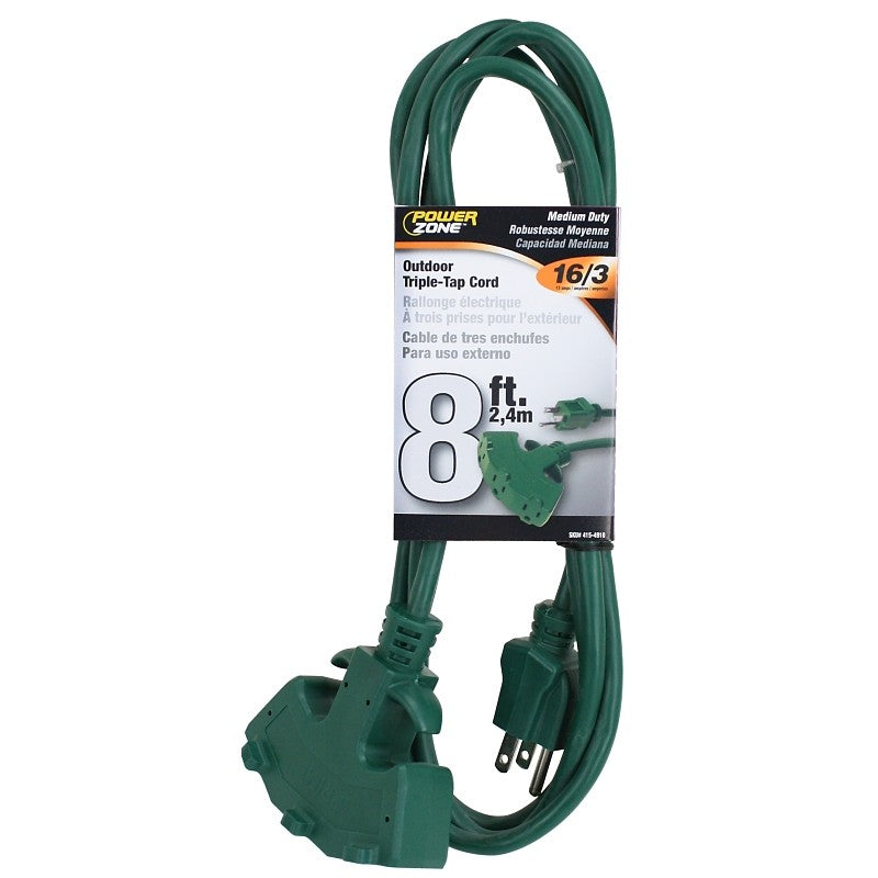 PowerZone ORY605608 Extension Cord, 16 AWG Cable, 8 ft L, 5-15P Grounded Plug, 3 -Socket, 13 A, 125 V, Green