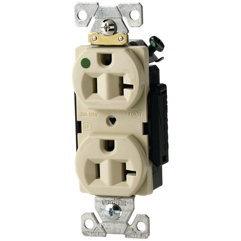 Eaton Wiring Devices AH8300V Duplex Receptacle, Brass, Ivory, 2-Pole, 20 A, 125 V, Back, Side Wiring, NEMA: 5-20R