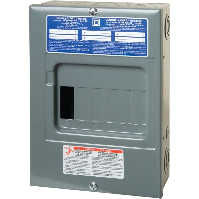 Square D Homeline HOM612L100SCP Load Center, 100 A, 6-Space, 12-Circuit, Main Lug, NEMA 1 Enclosure, Plug, Gray