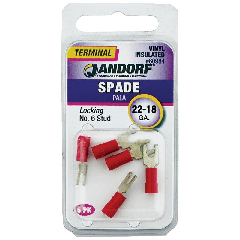 Jandorf 60984 Spade Terminal, 600 V, 22 to 18 AWG Wire, #6 Stud, Copper Contact, Red