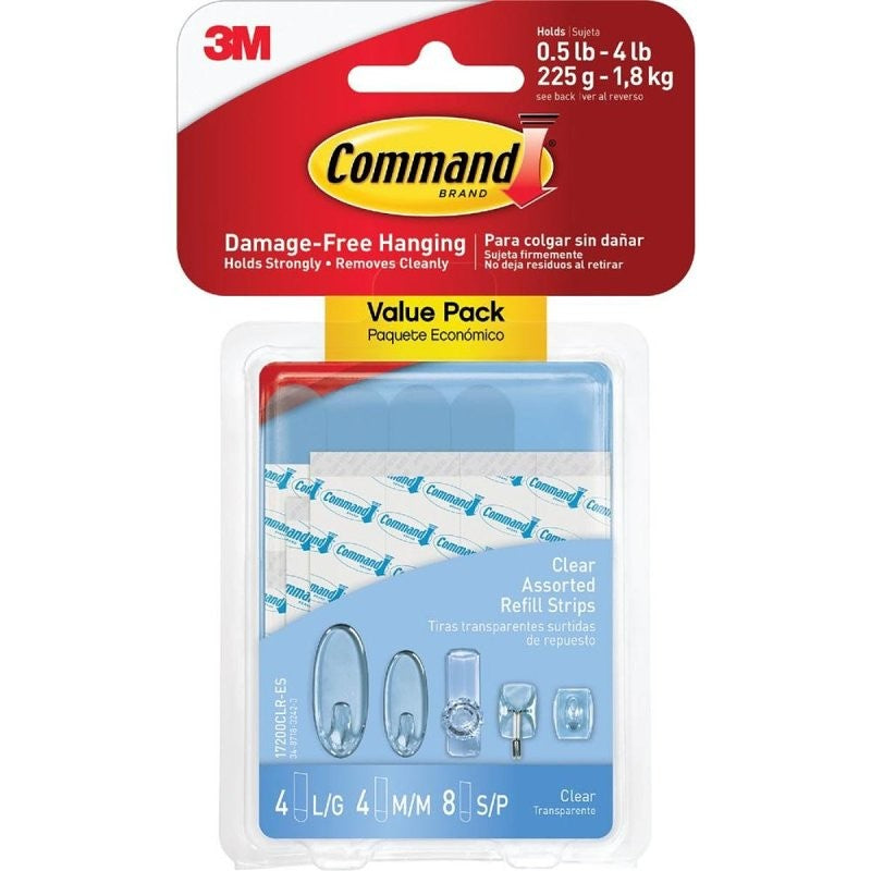 Command 17200CLR-16ESF Assorted Refill Strip, 3/4 in W, 5 in L, Plastic Backing, Clear