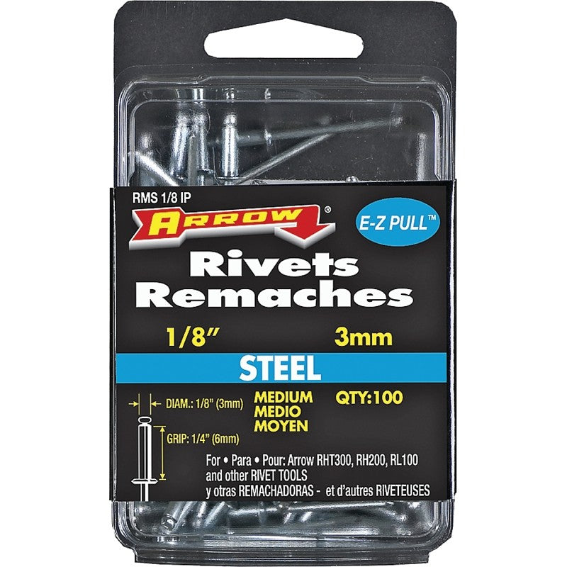 Arrow RMS1/8IP Pop Rivet, Medium, 1/4 in Grip, 1/4 in L, Steel, 100/PK