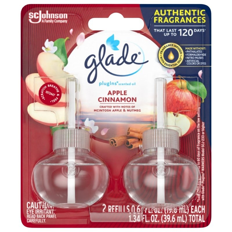 Glade PlugIns 13074 Scented Oil Refill, 0.67 oz Pack, Apple Cinnamon, 30-Day Freshness