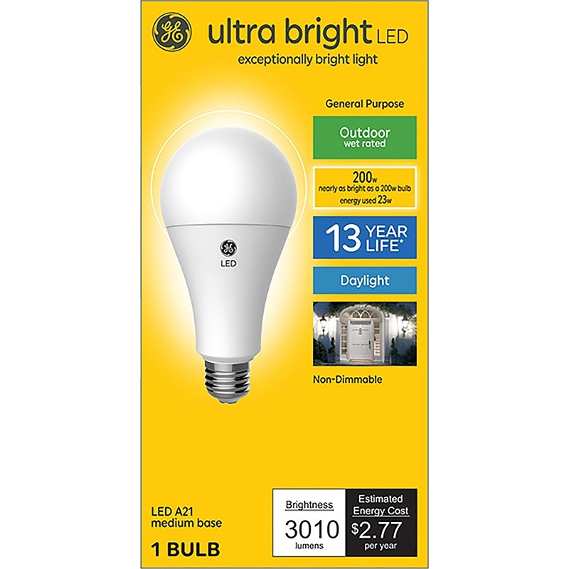 GE Ultra Bright 93128934 Light Bulb, A21 Lamp, 200 W Equivalent, Medium (E26) Lamp Base, Non-Dimmable, Daylight