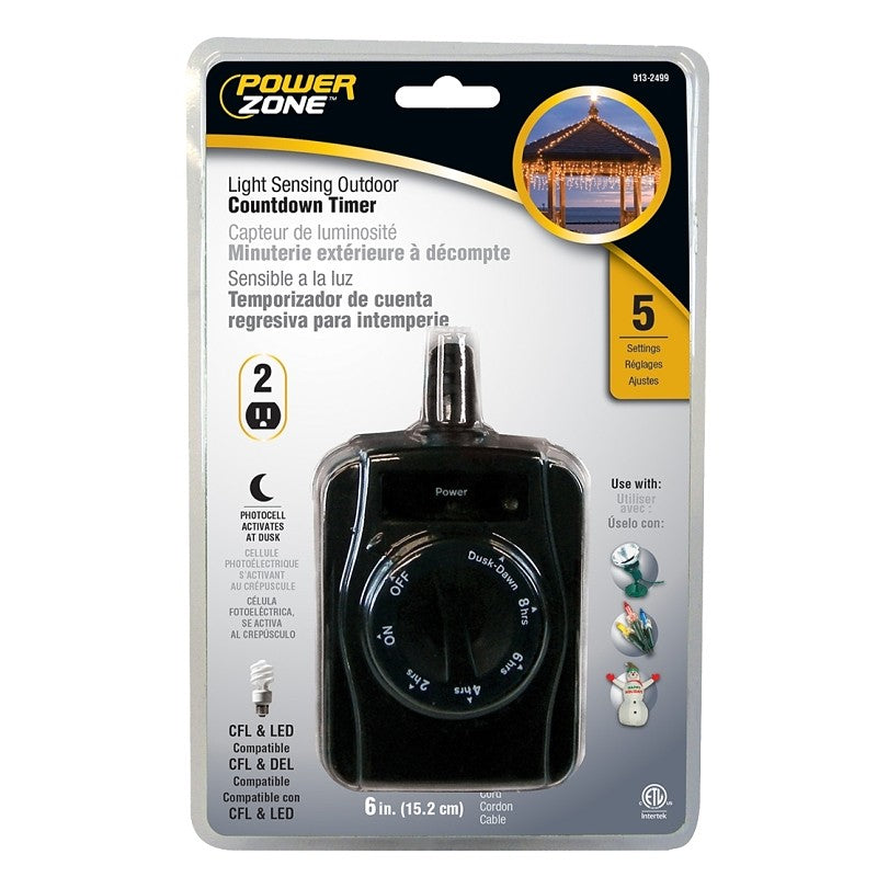 PowerZone TNOCD002 Countdown Timer with Photosensor, 15 A, 125 V, 1875 W, 2 -Outlet, Black
