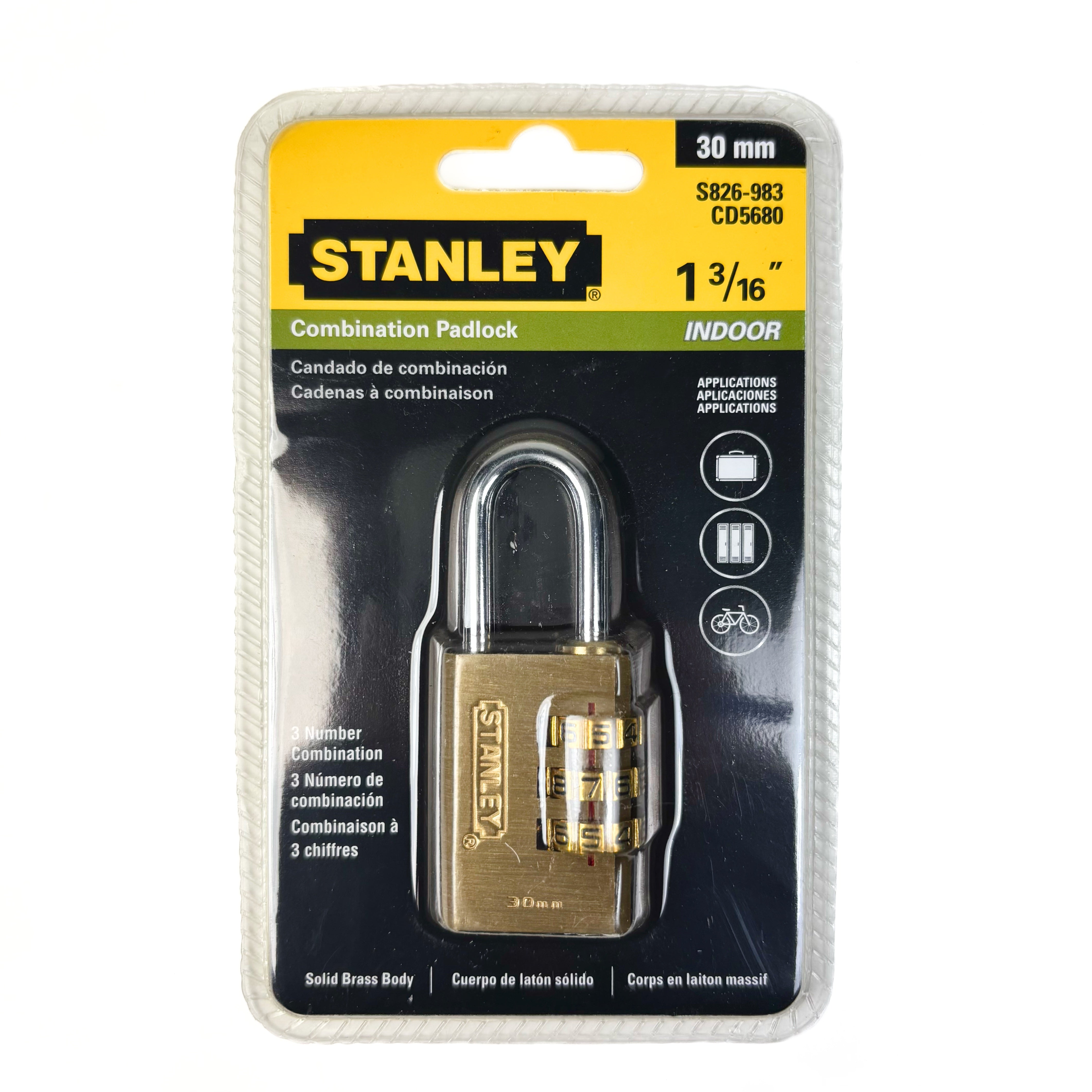 Multi-Use Indoor 1-3/16 Inch 30MM 3 Digit Combination Padlock Solid Brass Body