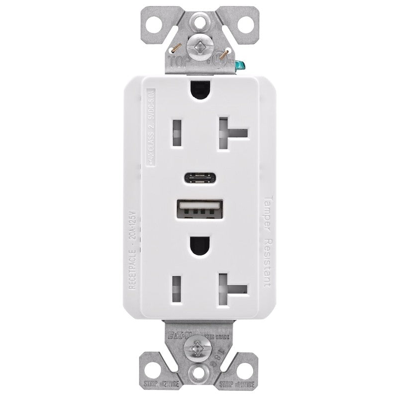 Eaton Cooper Wiring TRUSBAC20 TRUSBAC20W-K-L Receptacle, 2 -Pole, 5 A, 125 VAC, 2 -USB Port, Type A, C USB, White