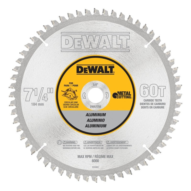 DEWALT DWA7758 Circular Saw Blade, 7-1/4 in Dia, 5/8 in Arbor, 60-Teeth, Carbide Cutting Edge, TCG Teeth