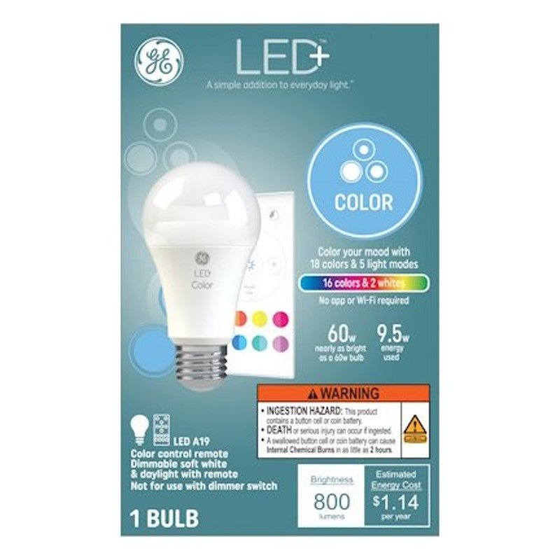 GE 93128968 LED Bulb, A21 Lamp, 60 W Equivalent, E26 Medium Lamp Base, Dimmable, Frosted, Daylight/RGB/Soft Light