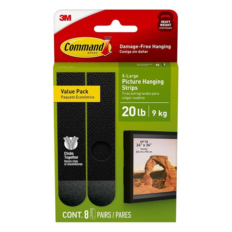 Command 17217BLK-8ES Picture Hanging Strip, Foam Backing, Black, 20 lb, 8/PR