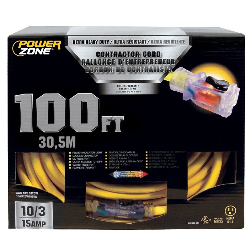 PowerZone ORP511935 Contractor Cord, 10 AWG Cable, 100 ft L, 15 A, 125 V, Yellow