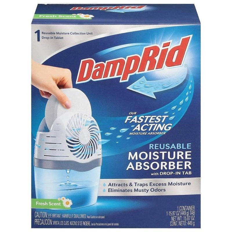 DampRid FG96FSSB Reusable Drop-In Tab Moisture Absorber Starter Kit, 15.8 oz Tablet, Solid, Fresh (Pack of 4)