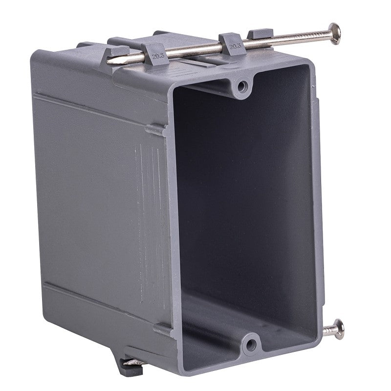 Gardner Bender BOX-NS20 Switch/Outlet Box, 20 cu-in, Standard Outlet, 1-Gang, 4-Knockout, PVC, Gray, In-Wall, Nail