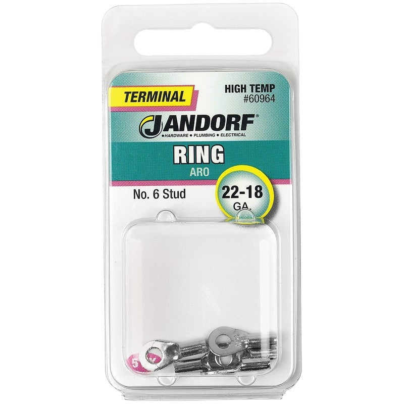 Jandorf 60964 Ring Terminal, 22 to 18 AWG Wire, #6 Stud, Copper Contact, Tin, 5/PK